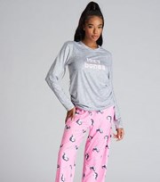 Loungeable Pink Trouser Pyjama Set with Lazy Bones Logo